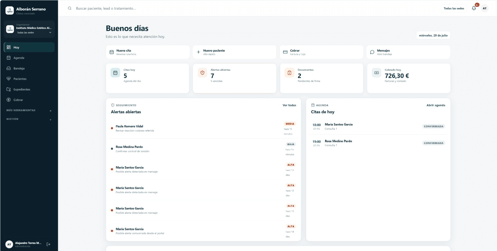 Aplicación clínica con roles y datos ficticios. La imagen lleva la marca Datos de demostración incrustada.