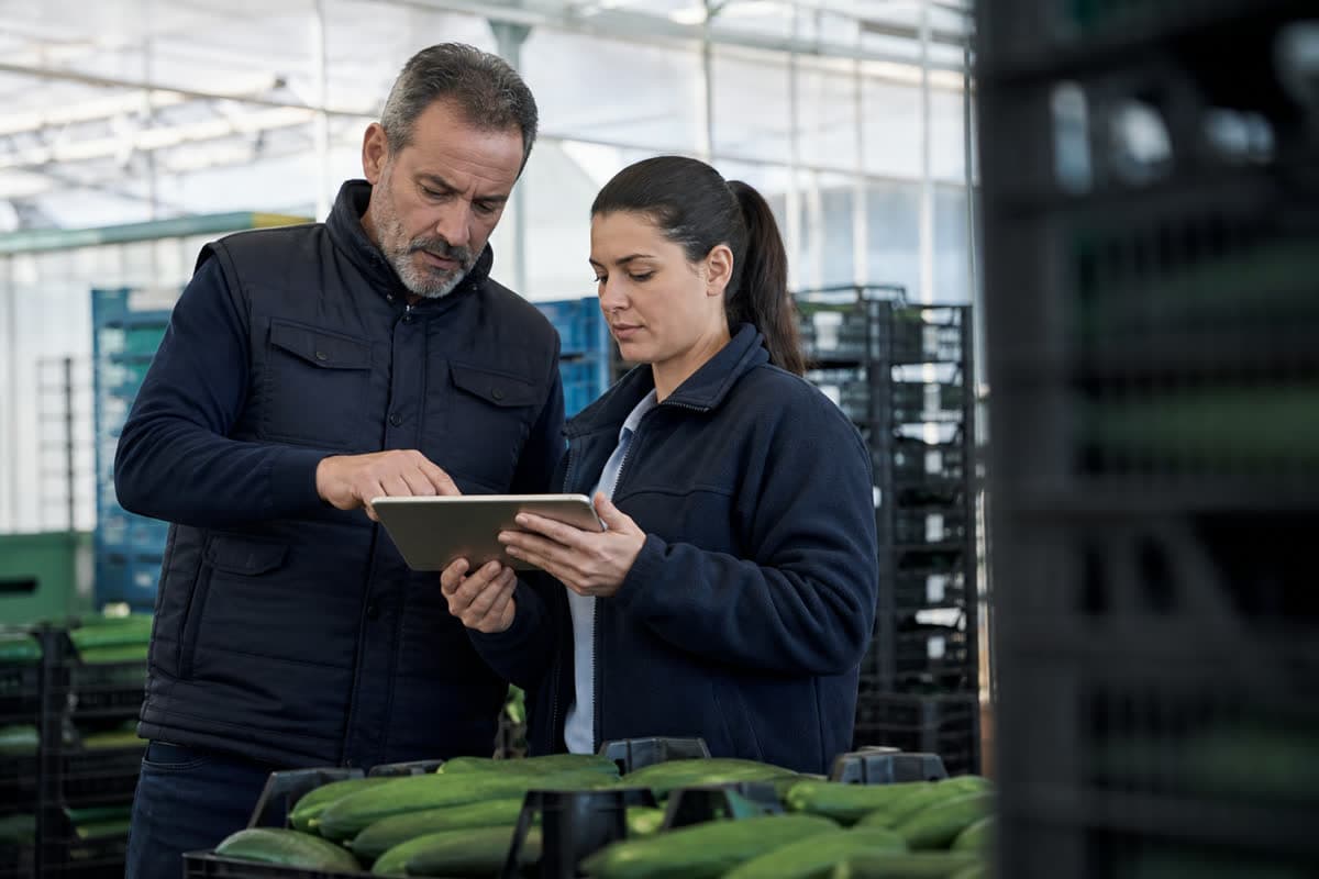 Responsables agroalimentarios revisando producción y trazabilidad.