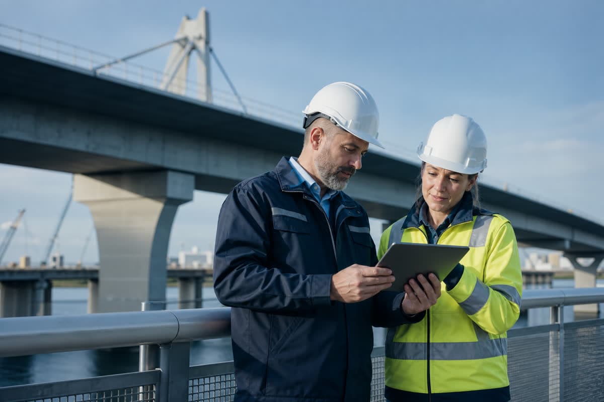 Profesionales de construcción revisando planos y avance de obra.