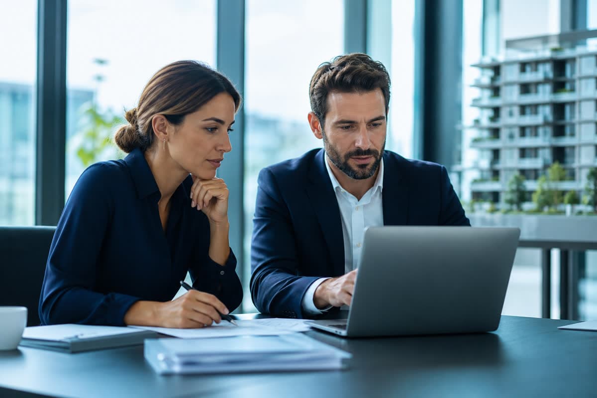 Equipo inmobiliario revisando propiedades y tareas de gestión.