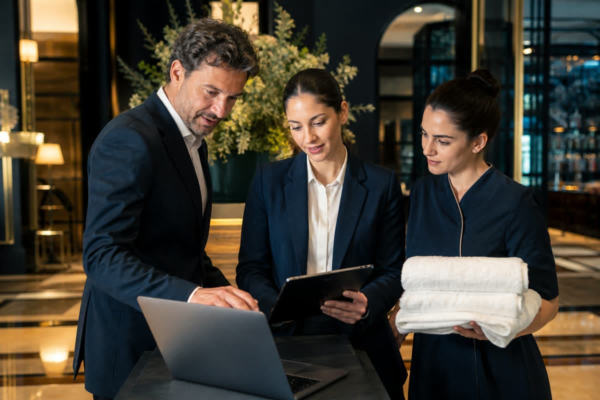 Equipo hotelero coordinando reservas y atención al huésped.