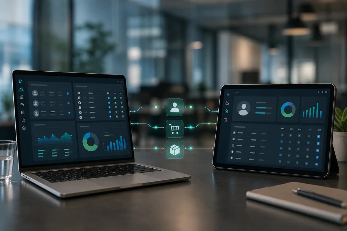 Dos sistemas empresariales conectados para sincronizar clientes, pedidos e inventario.