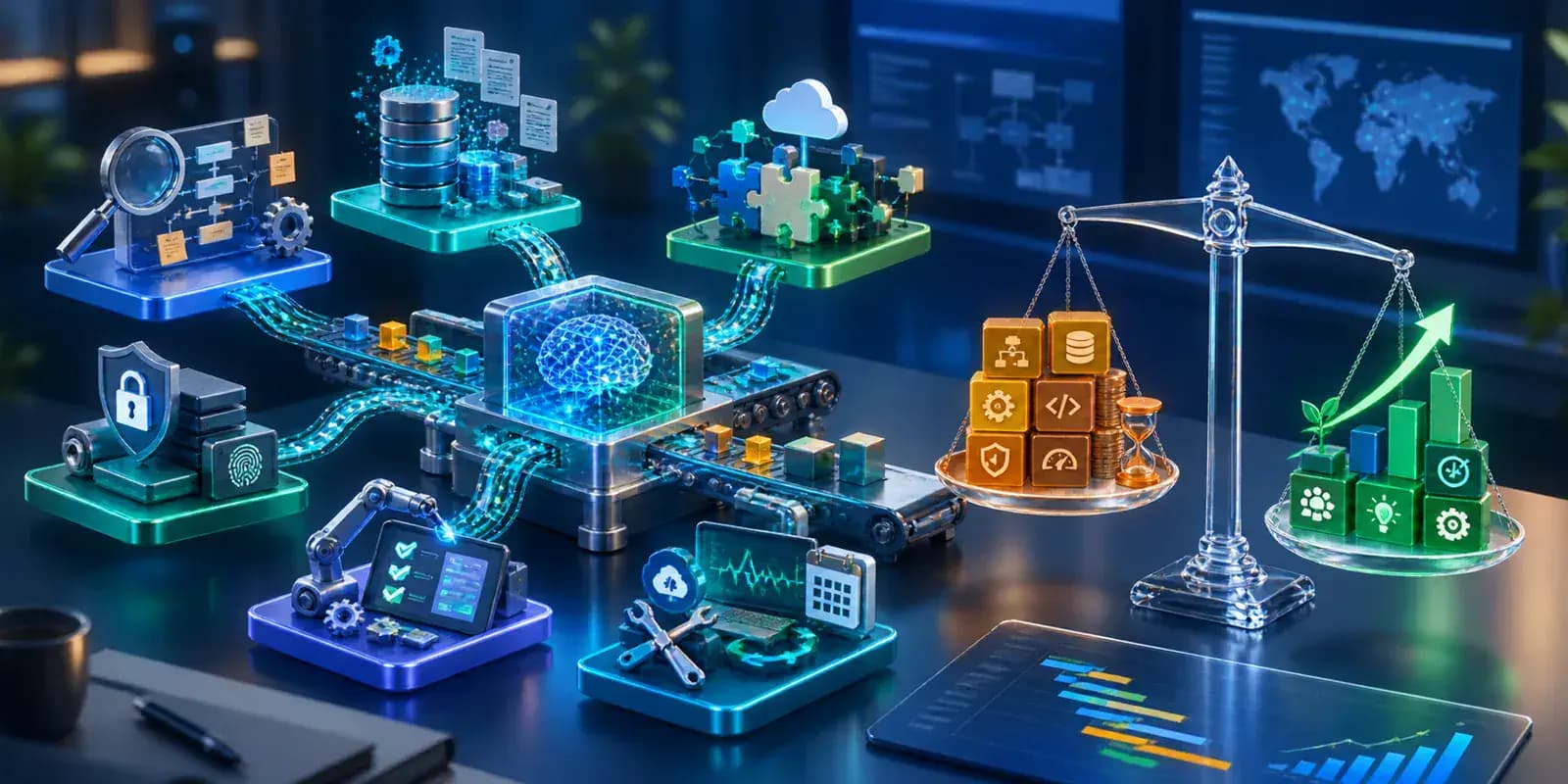 Componentes de análisis, datos, integración, seguridad y mantenimiento que determinan el coste de una automatización.