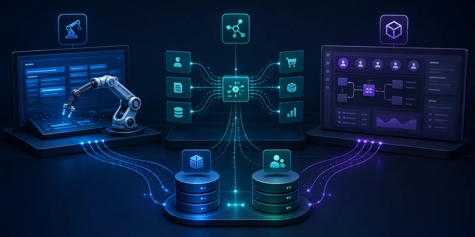 Tres arquitecturas conectadas: robot sobre una aplicación, integración mediante API y software a medida.